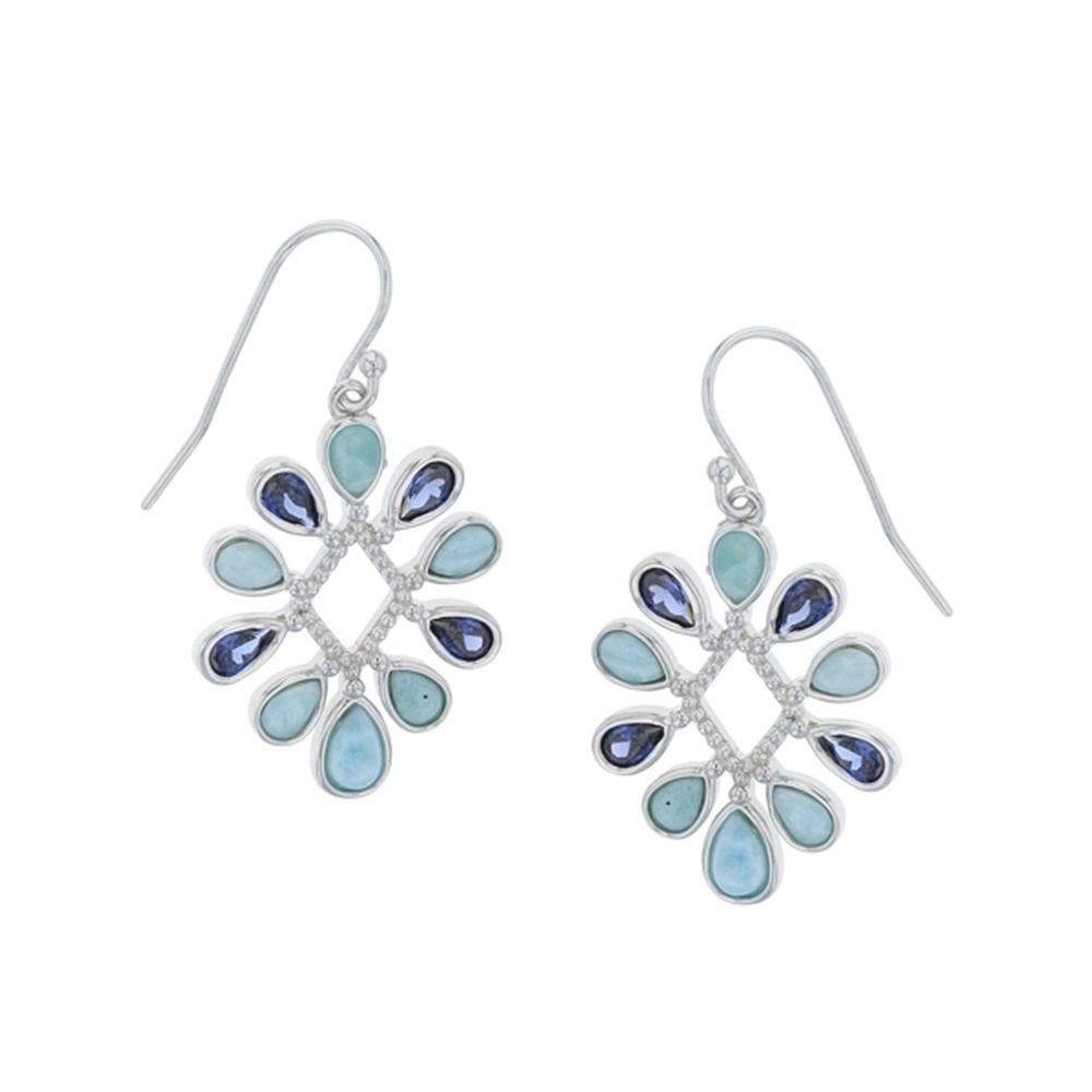 925 Sterling Silver Larimar Small Teardrop Shapes Tanzanite CZ Wire Earrings